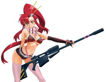 1girl arm_behind_back bikini bikini_top_only breasts cleavage contrapposto elbow_gloves fingerless_gloves gloves gun hair_ornament high_ponytail large_breasts long_hair mori_kotarou no_shirt ponytail red_hair rifle scarf scope short_shorts shorts simple_background skull_hair_ornament sniper_rifle solo strap swimsuit tengen_toppa_gurren_lagann thighhighs underboob weapon white_background yoko_littner