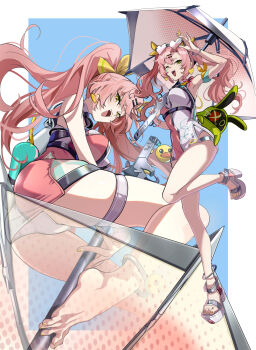 >_o :d amillion_(zenless_zone_zero) ass barefoot bikini breasts cosplay feet green_eyes highres holding holding_umbrella large_breasts multiple_views nicole_demara niihatigounana one_eye_closed open_mouth pink_hair sandals smile swimsuit thigh_strap ukinami_yuzuha ukinami_yuzuha_(cosplay) ukinami_yuzuha_(tanuki_in_broad_daylight) umbrella zenless_zone_zero