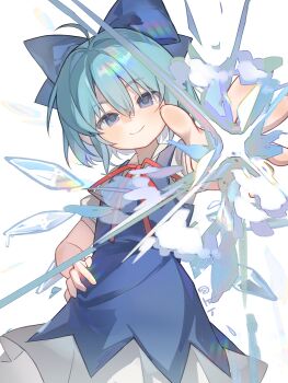 1girl ahoge attack blue_dress blue_eyes blue_hair bow chinese_commentary cirno commentary_request dress hair_between_eyes hair_bow hand_on_own_hip highres ice ice_wings incoming_attack looking_at_viewer outstretched_hand puffy_sleeves red_ribbon ribbon shang_bu short_hair short_sleeves simple_background smile solo touhou watermark white_background wings
