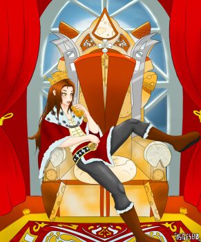 1boy absurdres animal_print asnesbo belt black_belt black_pants blush boots brown_boots brown_hair capelet chain cheese collarbone commission cow_print cracker cross cross_print crown curtains fangs food full_moon fur-trimmed_boots fur-trimmed_capelet fur_trim highres holding holding_food indie_virtual_youtuber king knife long_hair moon night open_mouth pants print_belt print_capelet red_capelet red_theme rug sarzac shirt sitting sky swiss_cheese teeth the_laughing_cow throne throne_room virtual_youtuber white_shirt window yellow_eyes