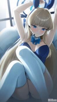 1girl absurdres animal_ears armpits arms_up ass backlighting blonde_hair blue_archive blue_bow blue_bowtie blue_eyes blue_halo blue_leotard blunt_bangs blurry bow bowtie braid breasts cleavage commentary_request depth_of_field detached_collar earpiece fake_animal_ears groin hair_bow hair_ribbon hairband half_up_braid halo head_tilt highleg highleg_leotard highres indoors knee_to_chest knees_together_feet_apart leotard long_hair looking_at_viewer medium_breasts mi_rong_abmiron multicolored_hair multicolored_halo official_alternate_costume official_alternate_hairstyle parted_lips playboy_bunny presenting_armpit rabbit_ears ribbon sidelocks single_braid sitting solo strapless strapless_leotard streaked_hair sunlight thighhighs toki_(blue_archive) toki_(bunny)_(blue_archive) two-tone_hair two-tone_halo white_thighhighs window