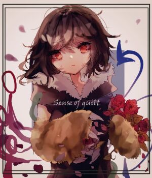 1girl animal_hands asymmetrical_wings black_dress blue_wings brown_hair commentary_request dress english_text flower grey_background holding holding_flower houjuu_nue looking_at_viewer one-hour_drawing_challenge open_mouth petals red_eyes red_flower red_rose red_wings rose shinjitsu_no_kuchi short_hair snake solo touhou upper_body wings