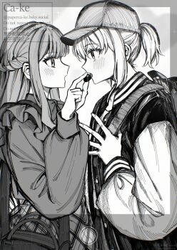 Rule 34 | 2girls, backpack, bag, bang dream!, bang dream! it's mygo!!!!!, baseball cap, blush, braid, commentary, feeding, greyscale, half up braid, hat, jacket, long hair, long sleeves, misumi uika, monochrome, multiple girls, paperca-ke, ponytail, shirt, short hair, short ponytail, shoulder bag, sidelocks, togawa sakiko, watermark
