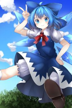 1girl bloomers blue_dress blue_hair blue_sky cirno closed_mouth cloud dress hand_on_own_hip hand_up ice ice_wings looking_at_viewer outdoors puffy_sleeves shimohuri_(novazz221) shirt sky solo touhou underwear v white_shirt wings