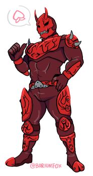Rule 34 | abs, armor, bariumfox, black eyes, bodysuit, claws, food, fruit, hand on own hip, kamen rider, kamen rider den-o (series), momotaros, monster, monster boy, muscular, muscular male, nails, oni, peach, pointing, pointing at self, portrait, red armor, red bodysuit, sharp nail, sharp teeth, signature, sketch, speech bubble, spiked armor, spikes, teeth