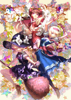 Rule 34 | 3girls, absurdres, alice margatroid, apron, armpits, ascot, between fingers, black hat, black skirt, black vest, blonde hair, blue dress, blue eyes, boots, bow, bowtie, braid, broom, broom riding, brown boots, brown hair, capelet, closed mouth, commentary request, detached sleeves, doll, dress, flower, flower request, frilled bow, frilled hair tubes, frills, gohei, grimoire of alice, hair bow, hair tubes, hairband, hakurei reimu, hat, hat bow, highres, holding, holding gohei, jewelry, kirisame marisa, lolita hairband, long hair, midriff, mini-hakkero, multiple girls, navel, ofuda, ofuda between fingers, open mouth, orb, puffy short sleeves, puffy sleeves, puppet rings, red bow, red bowtie, red eyes, red hairband, red skirt, ribbon-trimmed sleeves, ribbon trim, ring, shanghai doll, short sleeves, side braid, single braid, skirt, skirt set, smile, touhou, vest, waist apron, wakichimiu, white bow, white capelet, witch hat, wrist cuffs, yellow ascot, yellow eyes, yellow flower, yin yang, yin yang orb