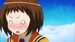 2girls animated audible_speech blonde_hair blue_eyes brown_hair closed_eyes english_audio flower french_kiss jess_beckham kiss lips lipstick long_hair makeup multiple_girls nobunagun ogura_shio rose short_hair sky sound tagme tongue video yuri