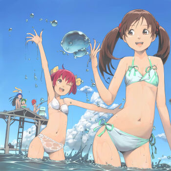 10s 5girls :d ;d akinbo_(hyouka_fuyou) aoki_reika arm_up bad_id bad_pixiv_id bikini blue_eyes brown_hair bubble candy_(smile_precure!) day fishing green_hair highres hino_akane_(smile_precure!) holding hoshizora_miyuki ladder looking_at_viewer midorikawa_nao multiple_girls one_eye_closed open_mouth outstretched_arms precure precure_all_stars precure_all_stars_new_stage:_mirai_no_tomodachi red_eyes red_hair sakagami_ayumi side-tie_bikini_bottom sitting smile smile_precure! swimsuit twintails water wet white_bikini wink