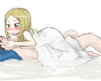 1boy 1girl artist_request ass bed blush covers flat_chest girl_on_top loli sexually_suggestive