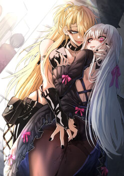 4girls absurdres backless_dress backless_outfit black_dress black_gloves black_nails black_pants black_pantyhose blonde_hair breasts bridal_gauntlets chinese_commentary commentary_request covered_erect_nipples degrees_of_lewdity dress elbow_gloves fang gloves grabbing_another&#039;s_breast grey_eyes groping hair_ribbon hand_on_another&#039;s_neck highres large_breasts long_hair multiple_girls nga_(ray_ray) open_mouth pants pantyhose pink_eyes pink_ribbon player_character_(degrees_of_lewdity) player_character_(female)_(degrees_of_lewdity) public_indecency pussy_juice ribbon smile white_hair whitney_(degrees_of_lewdity) whitney_(female)_(degrees_of_lewdity) yuri