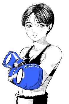 1girl blue_gloves boxing_gloves boxing_shorts breasts cleavage commentary_request gloves hatching_(texture) highres lee_(dragon_garou) linear_hatching midriff monochrome original short_hair shorts small_breasts solo sports_bra spot_color upper_body