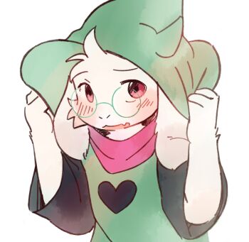 1boy animal_ears arnd_dawn blush commentary deltarune english_commentary fang furry furry_male goat_boy goat_ears green_hat hat highres looking_at_viewer male_focus open_mouth ralsei round_eyewear skin_fang upper_body utdr_(toby_fox) white_background
