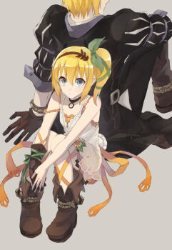 1boy 1girl back-to-back bare_shoulders black_choker blonde_hair blue_eyes boots brother_and_sister brown_boots brown_gloves choker commentary_request dress edna_(tales) eizen_(tales) expressionless gloves green_ribbon grey_background hair_between_eyes hair_ribbon kusaka_kou looking_at_viewer ribbon short_hair siblings side_ponytail simple_background single_glove strap_slip tales_of_(series) tales_of_berseria tales_of_zestiria white_dress