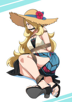1girl absurdres arms_behind_back blonde_hair bound breasts cleave_gag cloth_gag cynthia_(pokemon) cynthia_(summer_2025)_(pokemon) flower gag gagged hat hat_flower high_heels highres improvised_gag legs long_hair lost_one_zero nail_polish nintendo pokemon pokemon_masters_ex sarong toenail_polish toenails