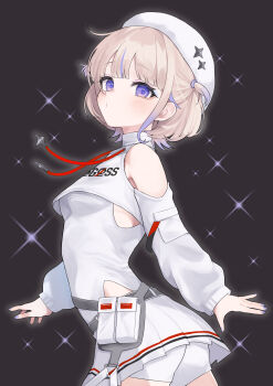 1girl absurdres beret black_background blonde_hair breasts clothing_cutout commentary_request hat highres hololive hololive_dev_is leotard looking_at_viewer multicolored_hair nail_polish pleated_skirt purple_eyes purple_hair purple_nails shirakabamoga short_hair shoulder_cutout shrug_(clothing) simple_background skirt small_breasts solo sparkle streaked_hair thighhighs todoroki_hajime todoroki_hajime_(regloss_uniform) virtual_youtuber white_leotard white_shrug white_skirt white_thighhighs