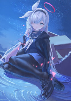 1girl black_hairband black_jacket black_pantyhose black_sailor_collar black_shoes blue_archive blue_shirt blue_skirt braid colored_inner_hair eyes_visible_through_hair grey_hair hair_over_one_eye hair_ribbon hairband halo highres jacket looking_at_viewer marulire multicolored_hair neckerchief night open_clothes open_jacket pantyhose parted_lips pink_hair plana_(blue_archive) pleated_skirt red_halo ribbon sailor_collar shirt shoes single_braid skirt sky solo two-tone_hair water white_neckerchief white_ribbon
