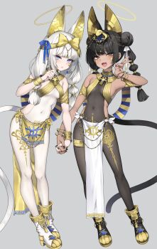 2girls absurdres ancient_egyptian ancient_egyptian_clothes animal_ears ankh bangle bare_shoulders bastet_(mythology) black_bodysuit black_hair black_nails black_shoes blue_eyes blunt_bangs bodysuit bow bracelet breasts brown_eyes cat_ears cat_girl cat_tail closed_mouth commentary_request contrapposto covered_navel dark-skinned_female dark_skin double_bun egyptian_mythology expressionless fangs full_body grey_background hair_bow hair_bun halo highres holding_hands hyouta_(yoneya) interlocked_fingers jewelry loincloth long_hair looking_at_viewer medium_breasts multiple_girls open_mouth original paw_shoes shoes side-by-side simple_background sleeveless sleeveless_bodysuit smile standing tail tsurime usekh_collar v white_bodysuit white_hair white_shoes yellow_bow yellow_halo