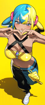 1girl 987645321o blonde_hair blue_eyes blue_hair breasts canari_(pokemon) dark-skinned_female dark_skin grin hair_ornament heart heart_hands highres looking_at_viewer medium_breasts midriff multicolored_hair navel nintendo pants pokemon pokemon_legends:_z-a simple_background smile solo split-color_hair standing stomach twintails two-tone_pants yellow_background