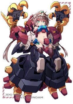1girl armor blush_stickers bright_pupils brown_hair character_name claws clenched_teeth commentary_request devil_gundam g_gundam green_eyes gundam hair_between_eyes headgear highres karukan_(monjya) loli long_hair looking_at_viewer mecha_musume navel solo teeth v-fin very_long_hair white_background white_pupils