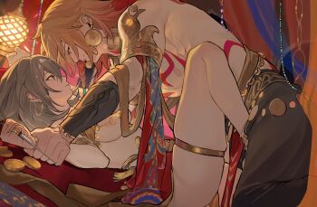 1boy 1girl absurdres alternate_costume armlet black_pants bleeding blonde_hair blood blood_on_face bracelet braid breasts chest_tattoo coin dagger ear_piercing earclip earrings eye_contact from_side gold_armlet gold_blood gold_bracelet gold_coin gold_earrings gold_ring gold_thighlet gradient_hair grey_hair hashtag-only_commentary hetero highres holding holding_another's_wrist holding_dagger holding_knife holding_weapon honkai:_star_rail honkai_(series) hoop_earrings jewelry knee_up knife lantern looking_at_another lying meat7955 medium_hair multicolored_hair mydei_(honkai:_star_rail) neck_tattoo on_back pants parted_lips piercing pinned profile red_hair red_skirt red_tattoo ring side_braid skindentation skirt stelle_(honkai:_star_rail) tassel tattoo thighlet topless_male trailblazer_(honkai:_star_rail) underboob weapon yellow_eyes