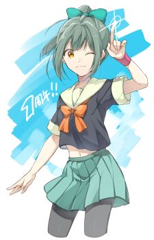 1girl blue_bow bow commentary crop_top cropped_legs dated_commentary green_hair green_skirt grey_pantyhose hair_bow index_finger_raised kan'yu_(citron_82) kantai_collection looking_at_viewer midriff navel one_eye_closed orange_bow orange_eyes pantyhose pleated_skirt ponytail sailor_collar short_sleeves simple_background skirt solo sparkle wristband yuubari_(kancolle)