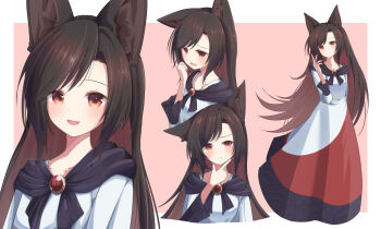 1girl animal_ear_fluff animal_ears blush brooch brown_hair closed_mouth commentary dress highres imaizumi_kagerou jewelry long_hair long_sleeves looking_at_viewer multiple_expressions multiple_views ocooco open_mouth red_dress red_eyes tail touhou very_long_hair white_dress wolf_ears wolf_girl wolf_tail