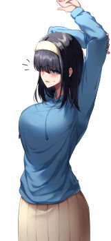Rule 34 | 1girl, arms up, black hair, blue eyes, blue shirt, blush, breasts, brown skirt, commentary request, hairband, highres, idolmaster, idolmaster cinderella girls, large breasts, long sleeves, looking at viewer, medium hair, notice lines, sagisawa fumika, shirt, simple background, skirt, solo, stretching, sweatdrop, tori (2020toryiu), white background, white hairband