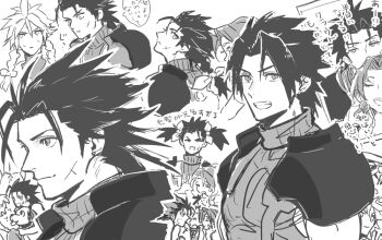 1girl 2boys :o ? aerith_gainsborough animal animal_hug armor bow braid braiding_hair closed_eyes cloud_strife crisis_core_final_fantasy_vii cropped_torso cross_scar cup dog drinking drinking_straw drinking_straw_in_mouth earrings facial_scar final_fantasy final_fantasy_vii greyscale hair_bow hair_over_shoulder hair_slicked_back hairdressing happy jewelry laughing light_smile looking_at_another looking_back looking_to_the_side male_focus monochrome multiple_boys multiple_views official_alternate_hairstyle open_mouth pauldrons petting scar scar_on_cheek scar_on_face shared_drink shoulder_armor single_tear sketch sleeveless sleeveless_sweater sleeveless_turtleneck smile speech_bubble stud_earrings suspenders sweat sweater thought_bubble translation_request turtleneck turtleneck_sweater twin_braids twintails tying_another&#039;s_hair wxz zack_fair