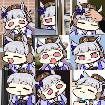 1girl :3 =_= animal_ears biting blouse blunt_bangs blush_stickers bow chart chibi closed_eyes ear_ribbon multiple_expressions gold_ship_(umamusume) grin hat headpat highres horse_ears horse_girl hose jazz_jack lightning_bolt_symbol making_faces no_nose open_mouth peeking_out photo-referenced purple_eyes purple_shirt rope school_uniform shirt silver_hair smile straw_(stalk) tongue tongue_out umamusume water