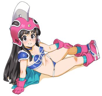 1girl arm_support armor armpit_crease bikini bikini_armor black_eyes black_hair blue_bikini boots breasts cape chi-chi_(dragon_ball) dragon_ball dragon_ball_(classic) gloves green_cape green_socks helmet highres leaning_back long_hair looking_at_viewer lowleg lowleg_bikini navel pink_boots pink_gloves pink_helmet shoulder_armor sitting small_breasts smile socks solo stomach swimsuit thighs wakaho_riku