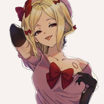 1girl beret bite_mark black_gloves blonde_hair blood bow breasts dress elbow_gloves gloves hair_bow hat highres lambdadelta large_breasts multiple_hair_bows nasu_(nasuotabe) pink_dress pink_hat red_bow red_eyes simple_background solo tongue tongue_out umineko_no_naku_koro_ni white_background
