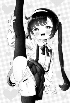 1girl :d anus bar_censor bikini bikini_bottom_aside bikini_bottom_only black_thighhighs blush bow bowtie buttons censored character_request clothing_aside copyright_request fang greyscale hairband heart highres leg_hold loli long_sleeves mesugaki micro_bikini monochrome open_mouth plaid_background pu3xn pussy round_collar shirt_tucked_in side-tie_bikini_bottom side_ahoge skirt smile smug solo split standing standing_on_one_leg standing_split suspender_skirt suspenders sweat swimsuit thighhighs twintails