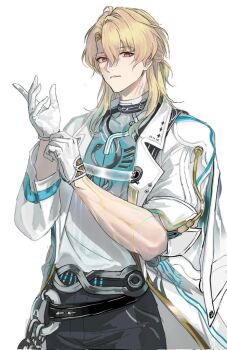 1boy adjusting_clothes adjusting_gloves black_pants blonde_hair coat commentary cowboy_shot glove_pull gloves hair_between_eyes hashtag-only_commentary long_hair luuk_herssen_(wuthering_waves) male_focus minglu_(gululu) multicolored_hair pants parted_lips red_eyes shirt simple_background solo streaked_hair toned toned_male white_background white_coat white_gloves white_shirt wuthering_waves