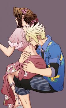 1boy 1girl aerith_gainsborough aerith_gainsborough_(floral_delight) animal_print arm_around_waist bird_print black_pants black_shirt blonde_hair blue_shirt braid braided_ponytail breasts brown_hair chocobo closed_eyes cloud_strife cloud_strife_(ocean_chocobo) couple crop_top earrings final_fantasy final_fantasy_vii final_fantasy_vii_rebirth final_fantasy_vii_remake floral_print floral_print_sarong flower frilled_sleeves frills grey_background hair_between_eyes hair_flower hair_ornament hair_ribbon halterneck hand_on_another&#039;s_hip hawaiian_shirt herzenreine hetero highres jewelry kissing_back long_hair long_skirt medium_breasts midriff official_alternate_costume pants parted_bangs pink_flower pink_ribbon pink_sarong pink_shirt pink_skirt print_shirt ribbon sandals sarong shirt shirt_under_shirt short_hair short_sleeves side_slit sidelocks single_braid single_earring sitting sitting_on_lap sitting_on_person skirt spiked_hair white_sandals