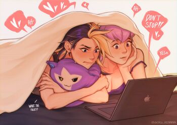 2girls absurdres akali alternate_costume at_computer bare_shoulders blonde_hair blue_eyes blush breasts camisole cleavage closed_mouth collarbone commentary computer english_commentary english_text evelynn_(league_of_legends) goku_inu_go_kuken head_rest heart highres hugging_object implied_pornography k/da_all_out_akali k/da_all_out_evelynn laptop league_of_legends looking_at_object lying macbook medium_breasts moaning multicolored_hair multiple_girls official_alternate_hair_color on_bed on_stomach profanity purple_camisole purple_eyes purple_hair speech_bubble spoken_heart stuffed_animal stuffed_toy sweat twitter_username two-tone_hair white_background