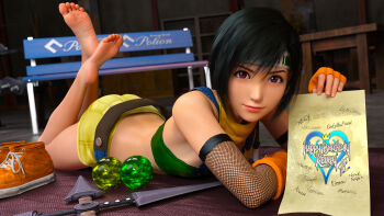 1girl 3d absurdres bandeau barefoot black_hair blurry blurry_background breasts detached_sleeves feet feet_up final_fantasy final_fantasy_vii fingerless_gloves fishnet_sleeves fishnets full_body gloves hair_between_eyes hand_up headband highres holding indoors kingdom_hearts kingdom_hearts_i legs looking_at_viewer lying materia medium_hair necdaz91 on_ground on_stomach orange_gloves orange_shoes purple_eyes scarf shoes short_shorts shorts small_breasts smile sneakers soles solo the_pose toes unworn_shoes white_headband yellow_scarf yellow_shorts yuffie_kisaragi