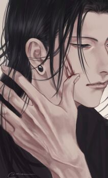 Rule 34 | 1boy, black eyes, black hair, blood, blood on face, getou suguru, hair undone, hashtag-only commentary, highres, japanese clothes, jujutsu kaisen, lips, long hair, male focus, ndsoda, nose, plug (piercing), simple background, solo, twitter username, white background, wiping blood