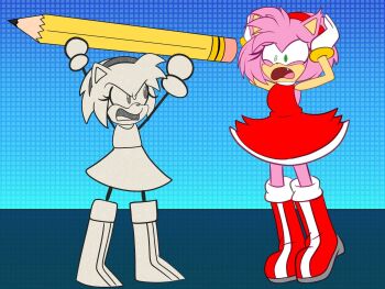 2girls amy_rose angry boots demilachan doppelganger dress green_eyes highres multiple_girls non-web_source oversized_object parody pencil pink_fur red_boots red_dress scared scene_reference sonic_(series) torn_clothes torn_dress