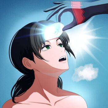 2girls black_gloves black_hair cd chainsaw_man collarbone commentary english_commentary gloves green_eyes highres holding_cd long_hair mccheese mitaka_asa multiple_girls open_mouth solo_focus yoru_(chainsaw_man)