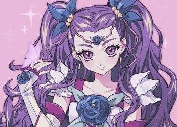 1girl blue_flower blue_rose blush bug butterfly earrings flower hair_flower hair_ornament highres insect jewelry long_hair looking_at_viewer magical_girl milky_rose pink_background precure purple_eyes purple_hair pururu_ru6 rose smile solo twintails yes!_precure_5 yes!_precure_5_gogo!