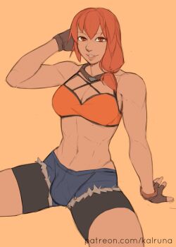 1futa bra denim denim_shorts fingerless_gloves fire_emblem fire_emblem:_three_houses futanari gloves kalruna leonie_pinelli nintendo orange_bra orange_hair shorts tomboy underwear