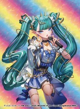 Rule 34 | 1girl, 2025, aqua hair, blue eyes, copyright notice, duel masters, gamazou, hair ornament, hair scrunchie, heart collar, holding, holding microphone, idol clothes, jacket, jewelry, long hair, lower teeth only, microphone, multicolored hair, nagarekawa sou, official art, open clothes, open jacket, open mouth, purple nails, rainbow background, ring, scrunchie, solo, teeth, thigh strap, twintails, white hair, white jacket, white scrunchie