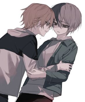 1boy 2boys absurdres aoyagi_touya black_pants highres hood hood_down jacket long_sleeves looking_at_another male_focus multicolored_hair multiple_boys orange_hair pants project_sekai shinonome_akito shirt teeth white_background white_shirt you_eon