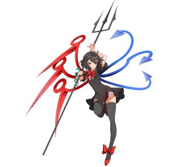 1girl artist_request asymmetrical_wings black_dress black_hair black_thighhighs blue_wings bow bowtie closed_mouth dress full_body game_asset houjuu_nue leg_up looking_at_viewer non-web_source official_art polearm red_bow red_bowtie red_eyes red_shoes red_wings self-datamine shoes short_sleeves simple_background smile snake solo thighhighs touhou touhou_arcadia_record transparent_background trident weapon wings