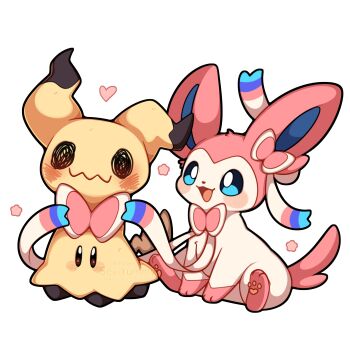 Rule 34 | absurdres, animal focus, blue eyes, blue sclera, blush, bow, colored sclera, commentary, english commentary, gen 6 pokemon, gen 7 pokemon, heart, highres, mimikyu, nintendo, no humans, open mouth, pink fur, pokemon, pokemon (creature), pokemon focus, ribbon, sevi (seviyummy), sitting, smile, sylveon, tail