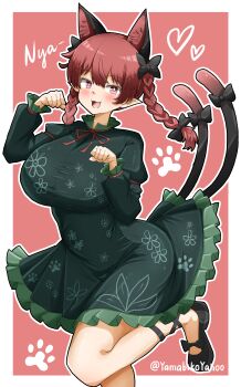 1girl :3 :d absurdres animal_ears black_bow black_ribbon black_shoes blush bow braid breasts bright_pupils cat_ears cat_girl cat_tail dress extra_ears floral_print frilled_dress frills gradient_background green_dress hair_bow hashtag-only_commentary heart highres huge_breasts juliet_sleeves kaenbyou_rin leg_ribbon leg_up long_sleeves looking_at_viewer multiple_tails open_mouth outline paw_pose paw_print pink_background pointy_ears puffy_sleeves red_eyes red_hair ribbon shoes side_braids smile solo tail tail_bow tail_ornament touhou twin_braids two_tails white_outline white_pupils yamabikoyahoo