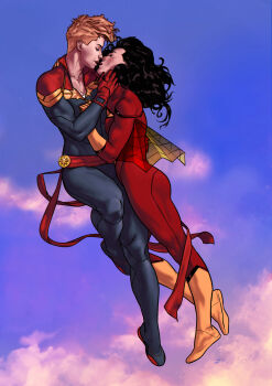 2girls ass black_hair blonde_hair buzz_cut captain_marvel carol_danvers closed_eyes dima_ivanov face-to-face flying full_body gloves highres hug imminent_kiss jessica_drew lips long_hair marvel multiple_girls outdoors parted_lips short_hair sky spider-woman superhero_costume very_short_hair yuri