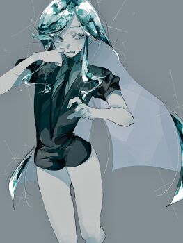 1other alternate_hair_length alternate_hairstyle androgynous aqua_eyes aqua_hair black_shorts character_request check_character commentary_request eyelashes gem_uniform_(houseki_no_kuni) glint goan_pizya grey_background highres houseki_no_kuni long_hair open_mouth other_focus phosphophyllite shorts standing sweatdrop very_long_hair