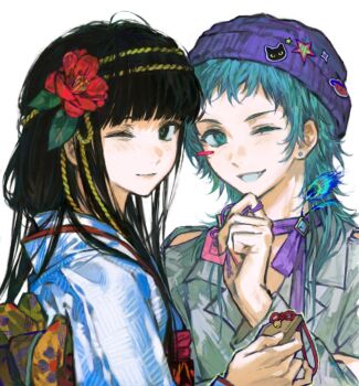 Rule 34 | 1girl, 1other, aqua eyes, aqua hair, beanie, black eyes, black hair, blunt bangs, blush stickers, chinese commentary, commentary request, earrings, flower, gnosia, hair flower, hair ornament, hand up, hat, hat ornament, hibiscus, highres, hime cut, holding, japanese clothes, jewelry, kimono, long hair, looking at viewer, neck ribbon, obi, obiage, omamori, one eye closed, purple hat, purple ribbon, raqio, red sash, ribbon, rope, sash, shirt, simple background, single blush sticker, smile, stud earrings, syaipaocai, teeth, upper body, white background, white kimono, white shirt, yellow rope, yellow sash, yuriko (gnosia)