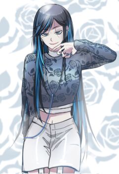 1girl ado_(utaite) black_hair blue_eyes blue_hair blue_nails chando_(ado) colored_inner_hair commentary corrupted_twitter_file earphones garter_straps grey_shirt hand_up highres kkeraku long_hair long_sleeves looking_at_viewer midriff mole mole_under_eye multicolored_hair nail_polish navel open_mouth shirt shorts solo utaite white_shorts